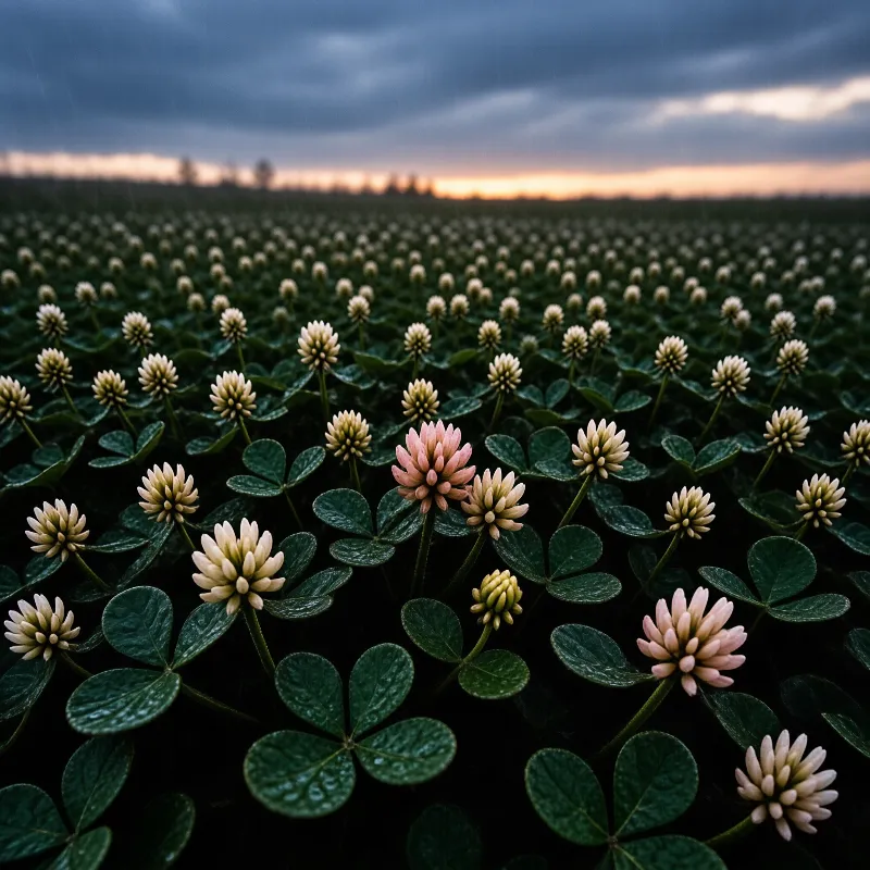 Clover flowers with water droplets on leaves stretch toward a horizon beneath dark storm clouds and glowing sunset light.