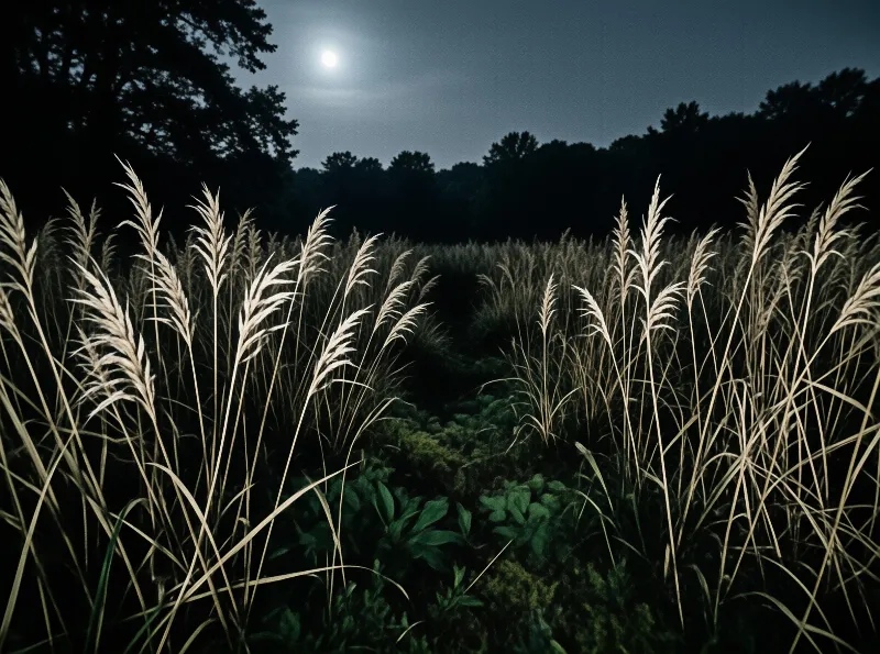 Pale plumes of tall meadow grass catch cold moonlight while a black tree line sits beneath a low grey moon.