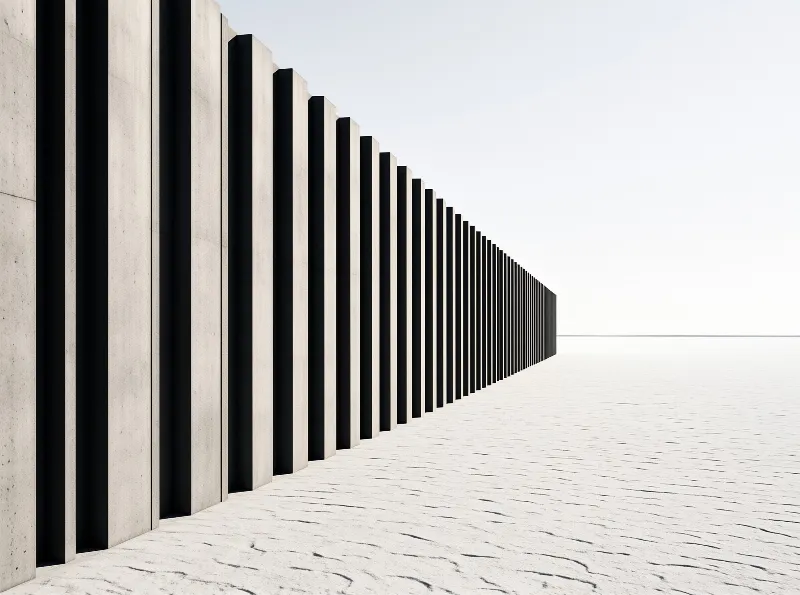 Light concrete slats with dark gaps run along a vast white salt flat toward a hazy horizon under soft overcast light.