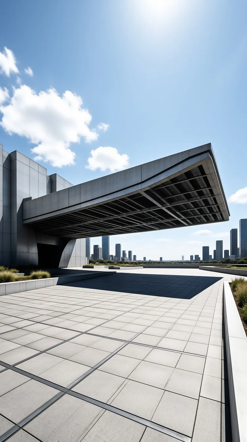 A large modern concrete roof extends over a tiled plaza with a city skyline visible in the distance under a blue sky.