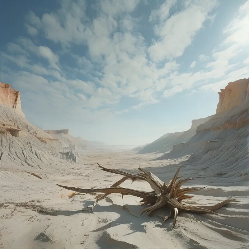 Bleached wood sprawls across a dry white canyon floor between eroded pale rock walls under a scattered cloudy sky.