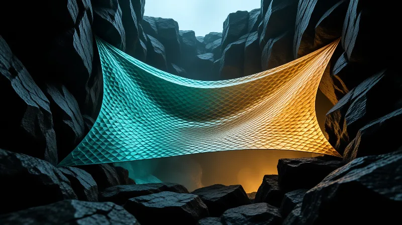 A faceted shell stretches between dark boulders, shifting from cool turquoise on one side to glowing gold on the other.