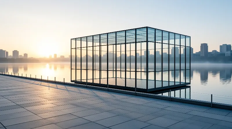 Transparent glass structure on a paved dock with golden sunlight reflecting across misty water towards a distant city skyline.