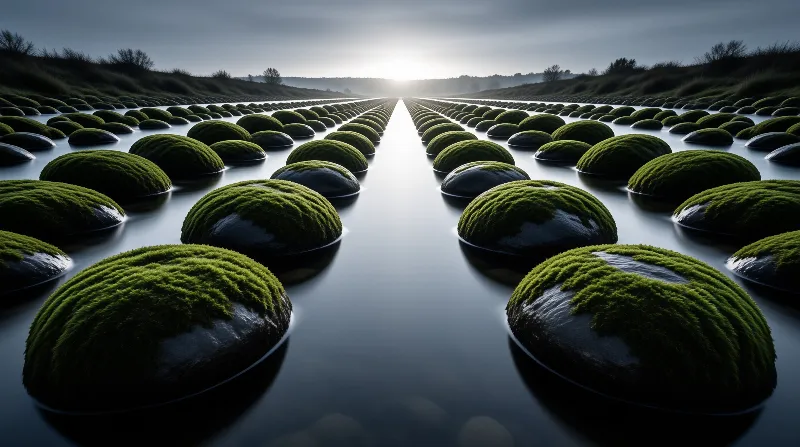 Mossy green boulders arranged in symmetrical rows flanking a calm channel of water under a dim sky.