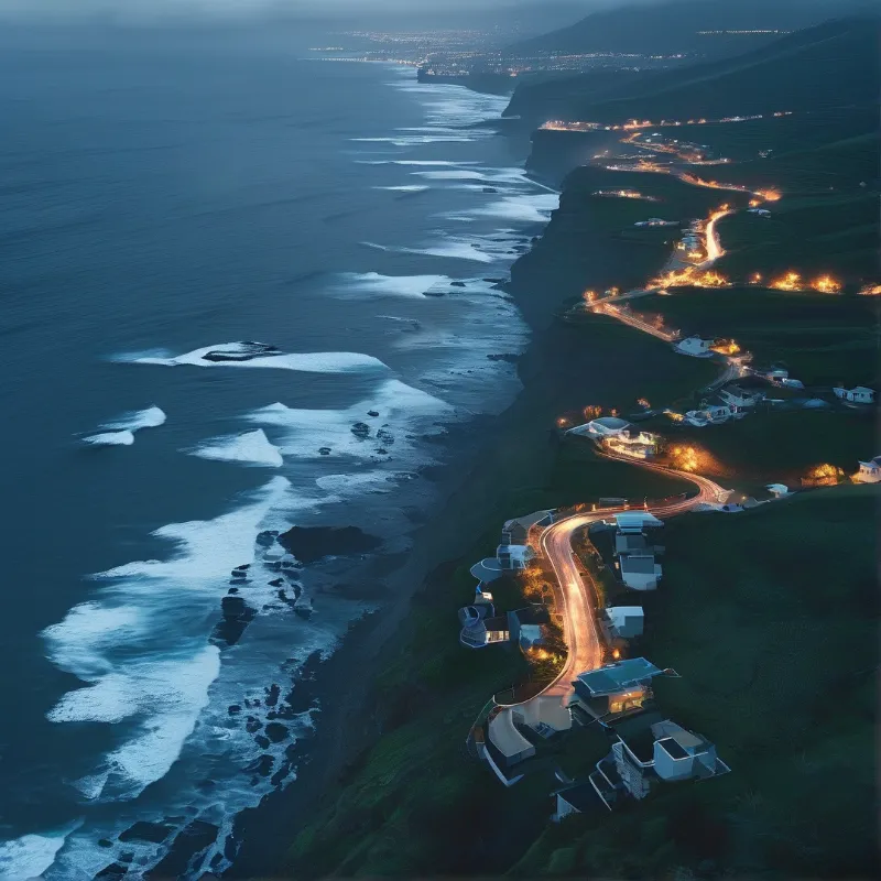 A high angle view of a winding coastal road lined with bright lights next to dark ocean waves at twilight.