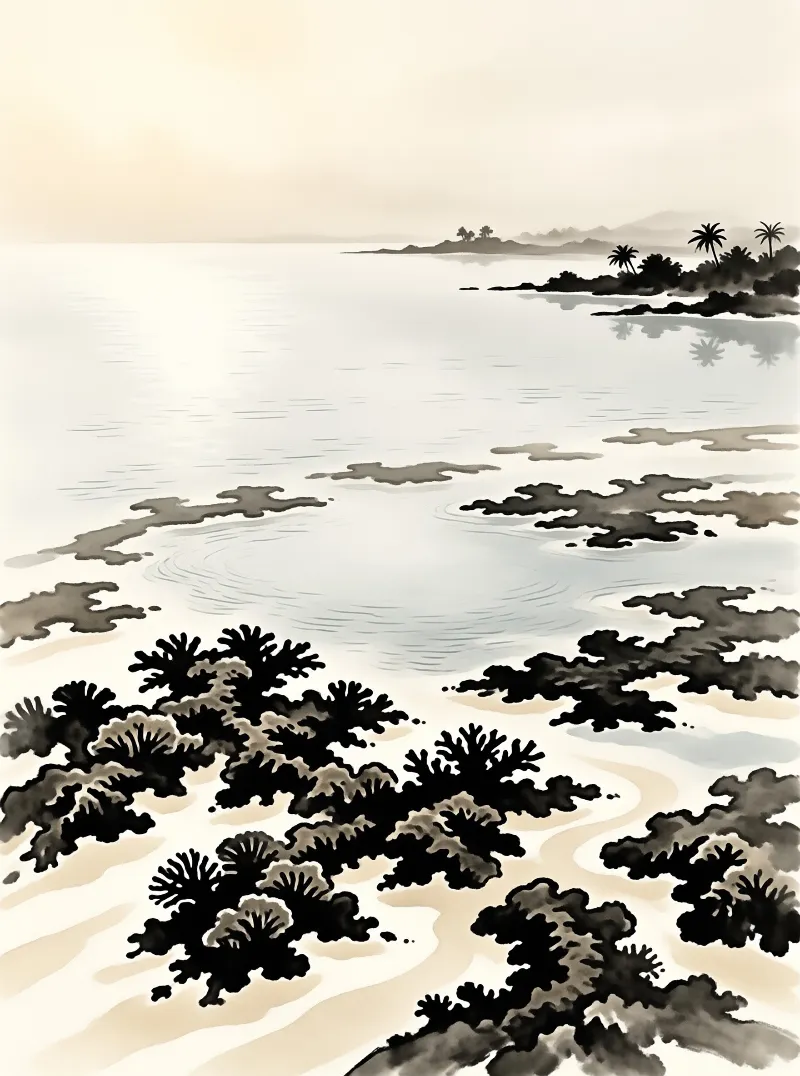 Dilute black brush strokes describe low coastal shrubs and a hazy headland beneath a pale evening sky.