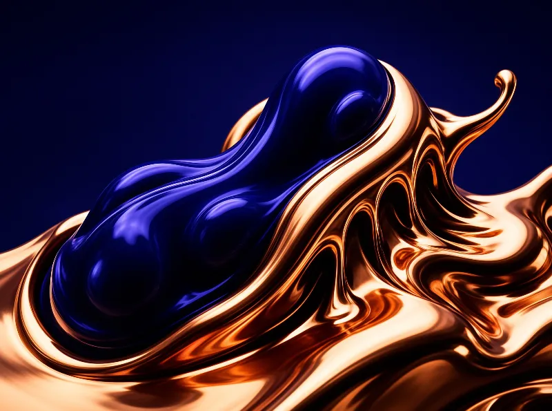 Highly reflective gold liquid shapes swirl and merge with a deep blue form against a dark navy background.