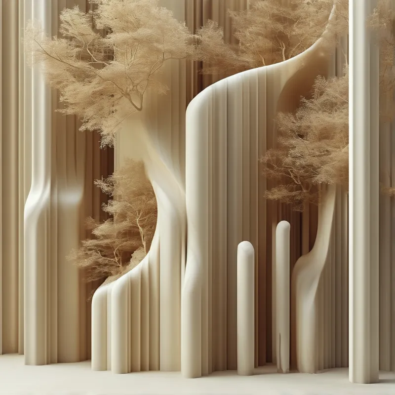 Minimalist cream ribbed columns and wispy dried branches creating a serene sculptural environment with gentle shadows