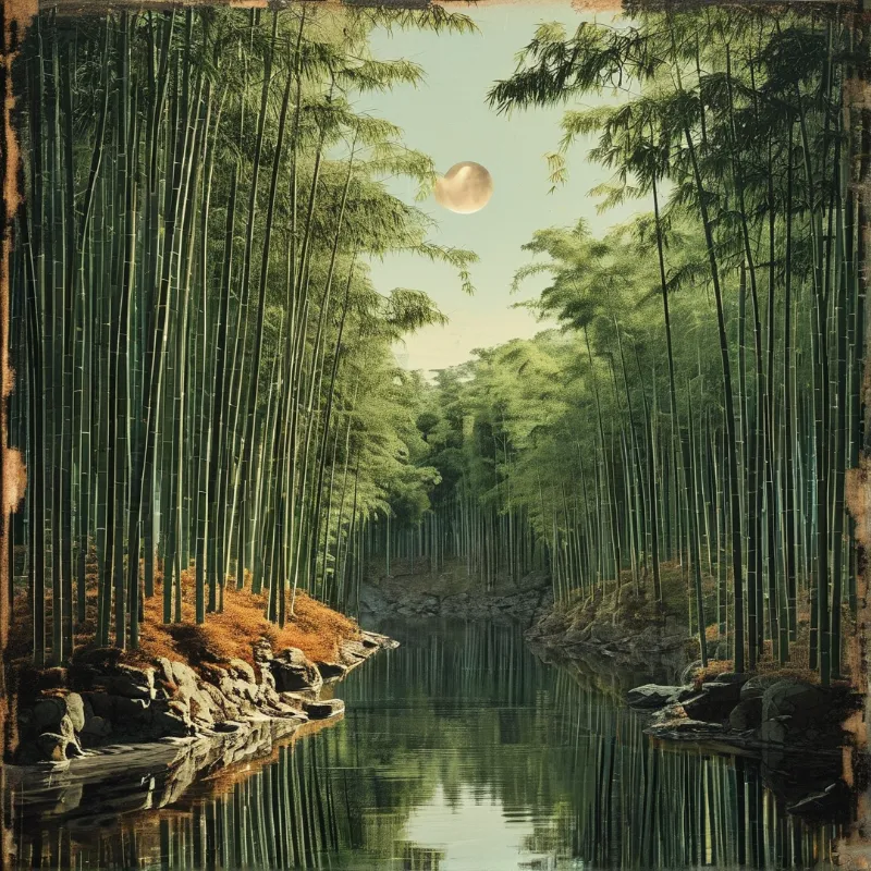 A tranquil waterway flows between thick clusters of green bamboo trees under a luminous moon.