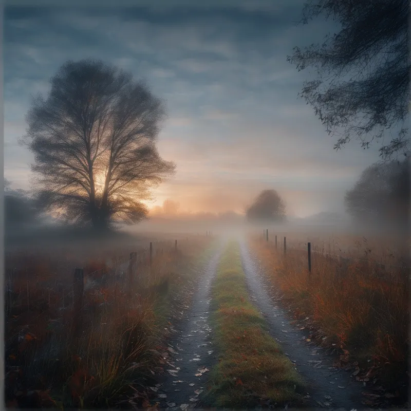 A foggy rural path stretches toward the horizon where sunlight glows behind bare trees and tall dry grass lines the sides.