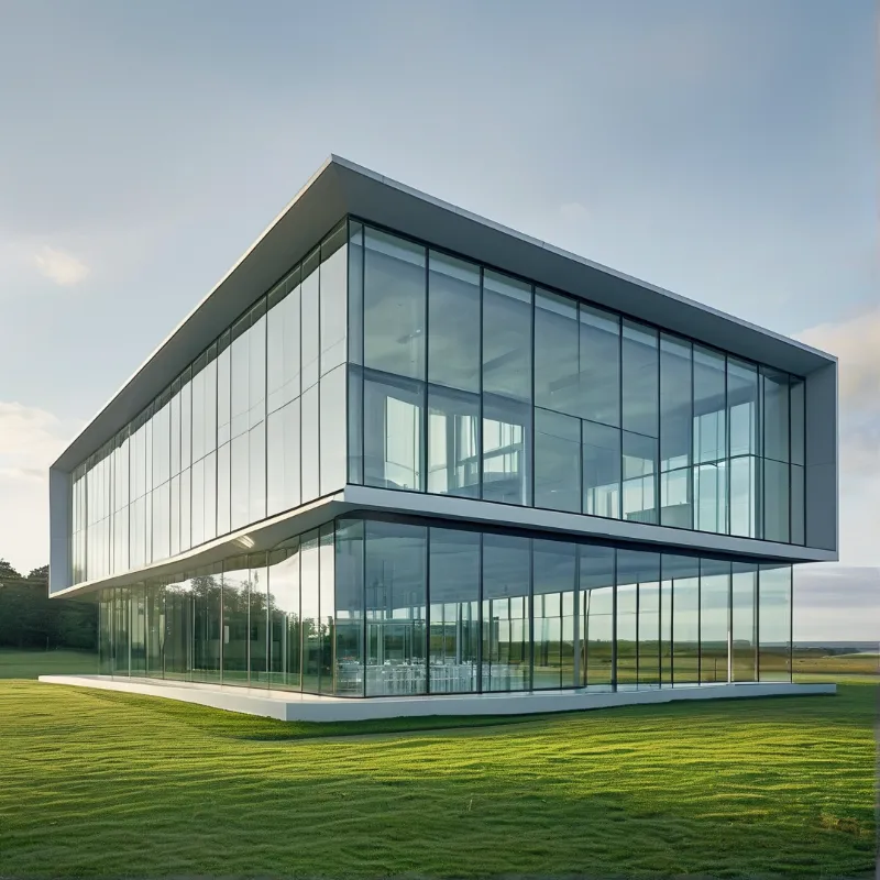 A two-storey cube of clear curtain wall floats above striped grass, its interior frames visible against evening sky.