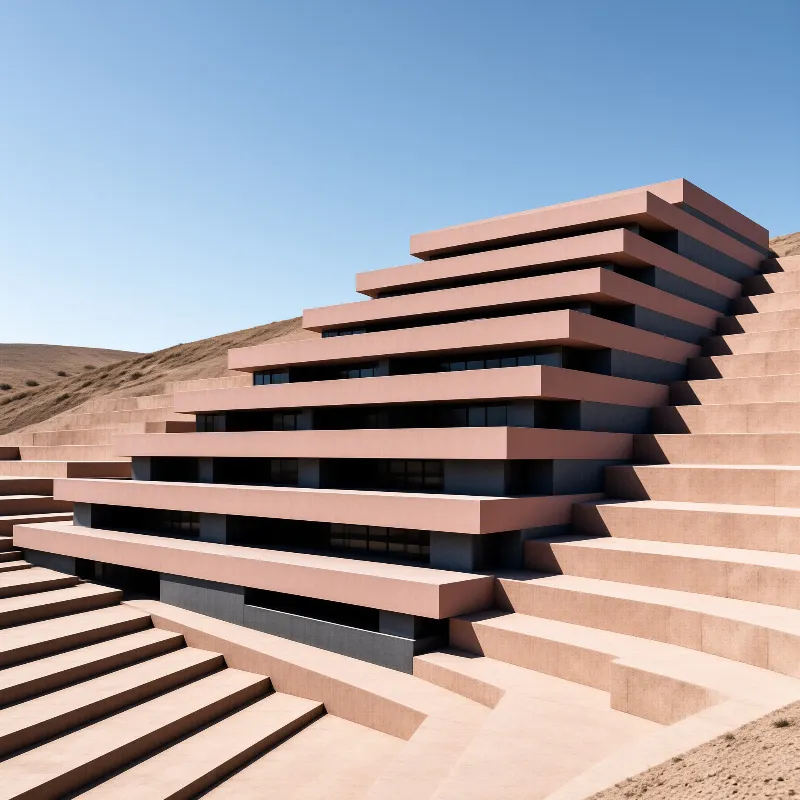 Warm terracotta stepped multi-level building sits on dry rolling hills under a bright blue sky with sharp distinct shadows.