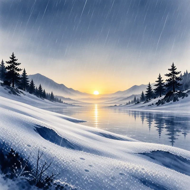 A golden sun dips between misty mountains over a calm lake bordered by snow and dark pines.