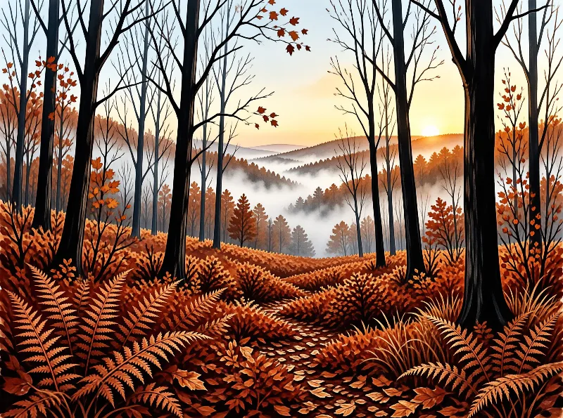 Tall dark trunks frame orange undergrowth while mist covers distant hills at sunrise.