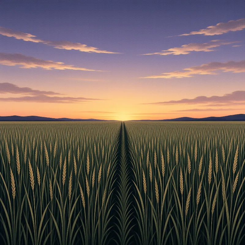 A symmetrical view of a tall wheat field extending to a flat horizon where the sun is setting behind low hills.
