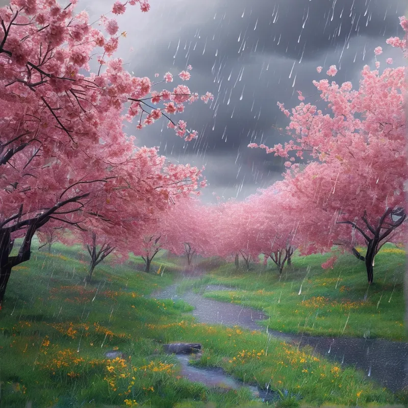Pink cherry trees line a winding path as rain falls over a green meadow dotted with yellow wildflowers under a dark sky.