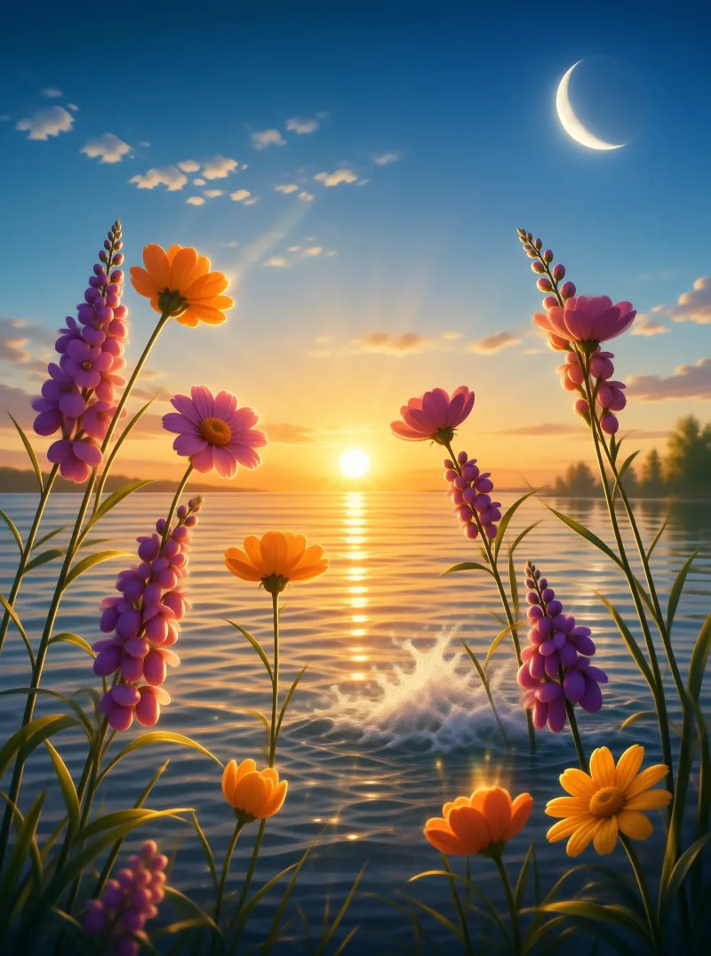 Floral Lakeside Sunset
