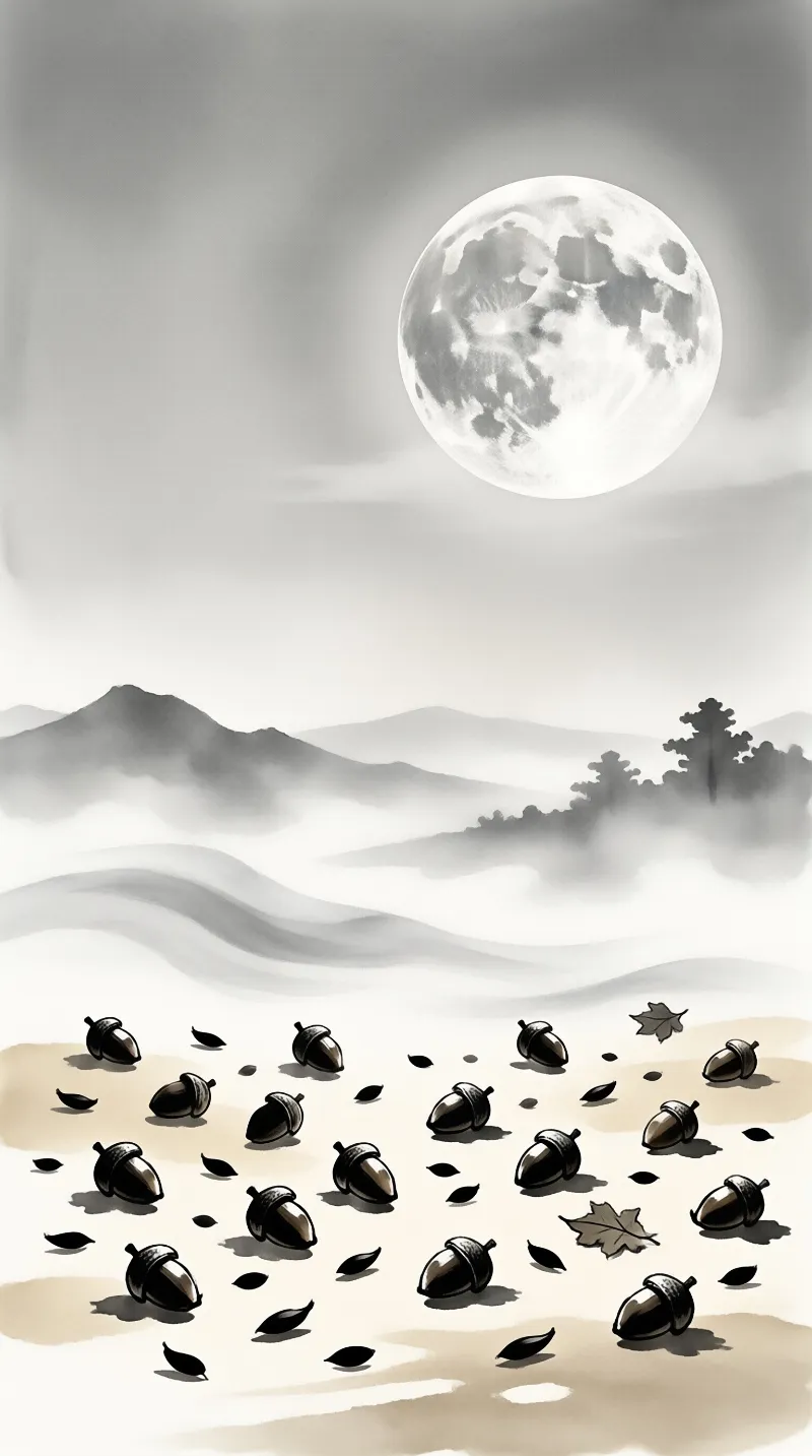 Ink-wash landscape shows scattered acorns and fallen leaves before foggy hills under a huge pale moon.