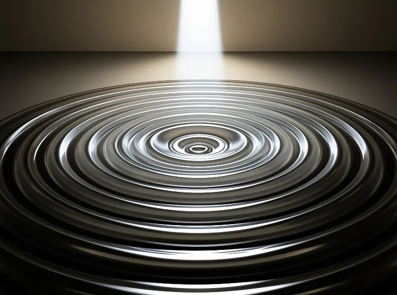 Concentric silver waves form on a dark surface as a bright vertical beam strikes the center creating reflective patterns.
