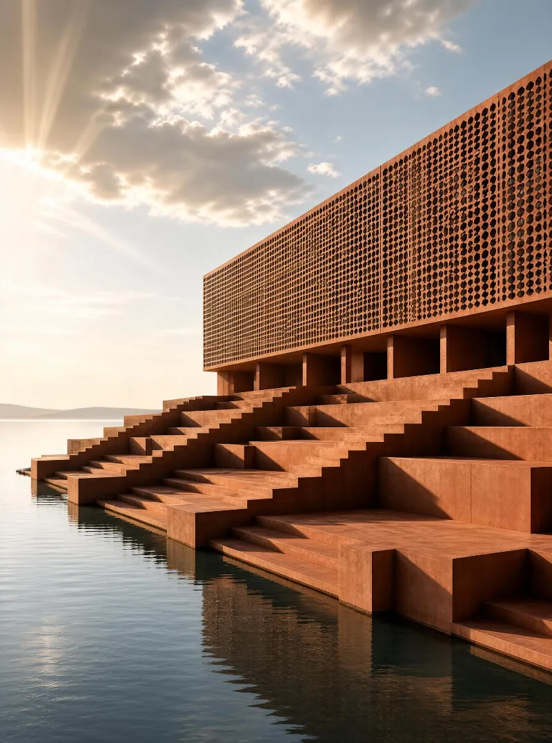A terracotta-colored concrete building with a perforated facade and tiered steps sits by calm water under a sky with sun rays breaking through clouds