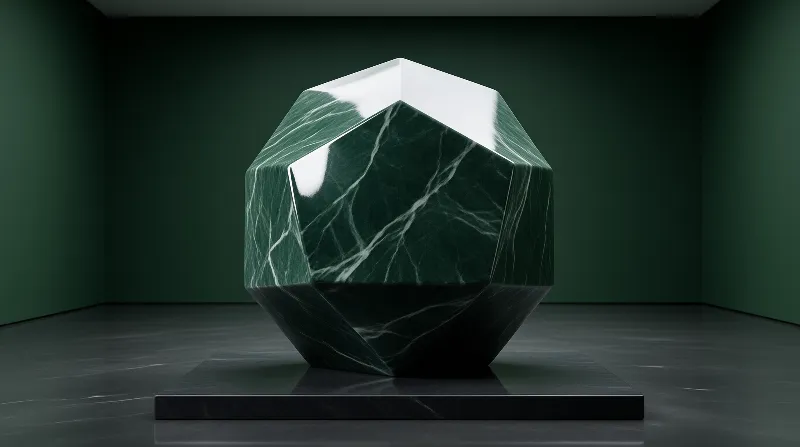 A polished green marble polyhedron rests on a square black base within a minimalist dark green room.