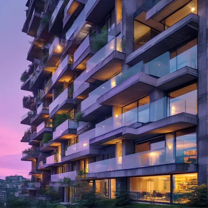 High-rise apartments featuring extensive balconies with greenery and warm interior lighting at dusk.