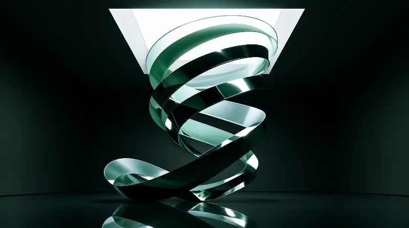 A glossy emerald ribbon twists upward through a dark chamber lit by a glowing square opening overhead
