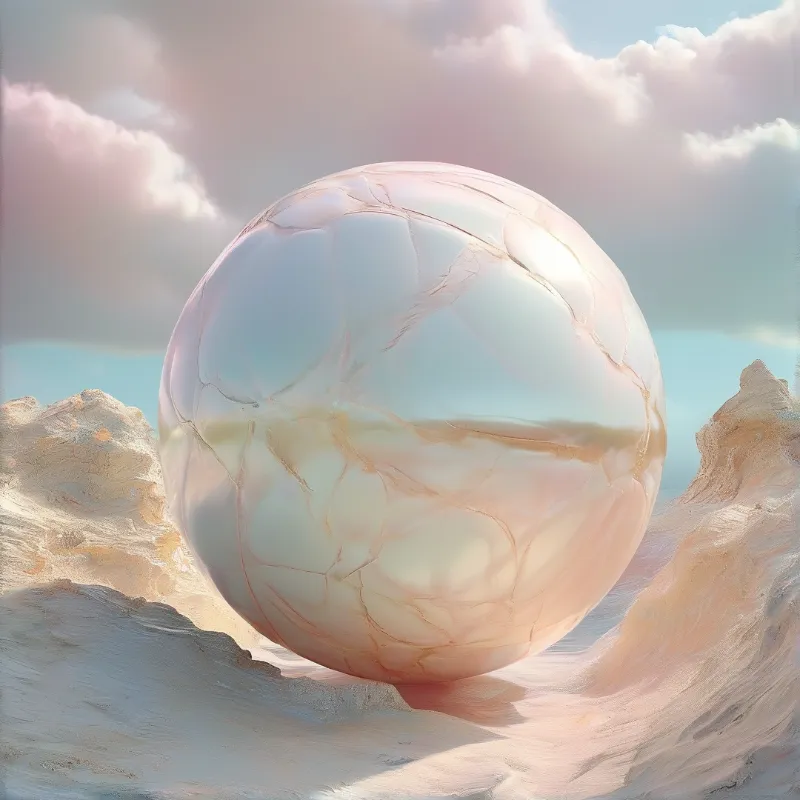 A large iridescent pearl sphere rests on a sunlit rocky shore beneath pastel clouds.