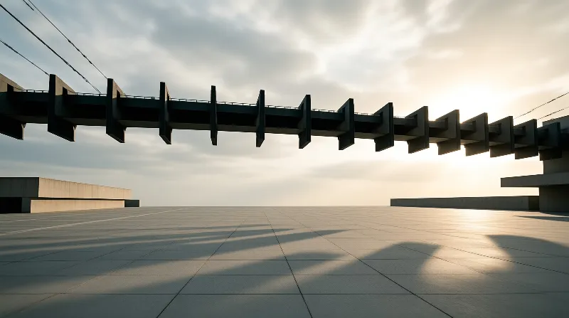 A long concrete bridge with vertical fins casts dark geometric shadows across a large tiled plaza under a bright sky.