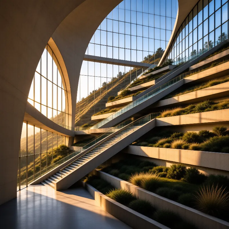 A sweeping concrete staircase ascends beside tiered gardens bathed in golden sunlight.