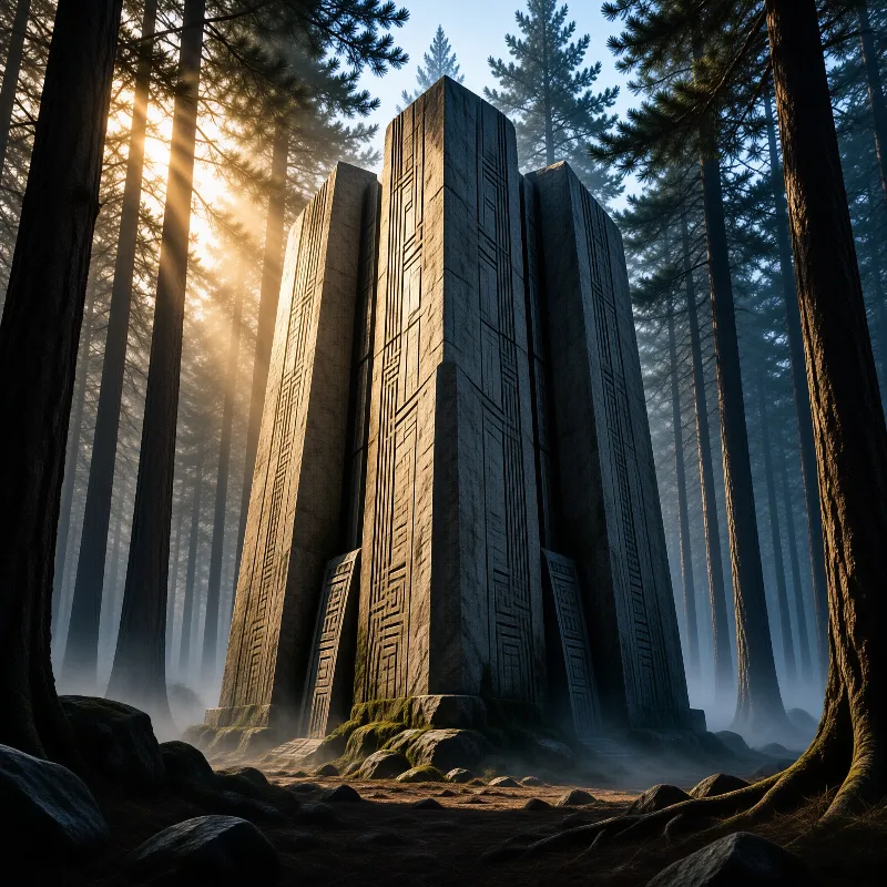 A tall carved stone tower with geometric relief panels stands in a foggy conifer forest lit by low golden sunbeams.