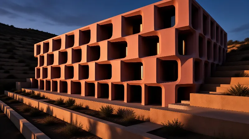 Modern orange geometric building with deep recessed windows standing on terraced slopes at dusk