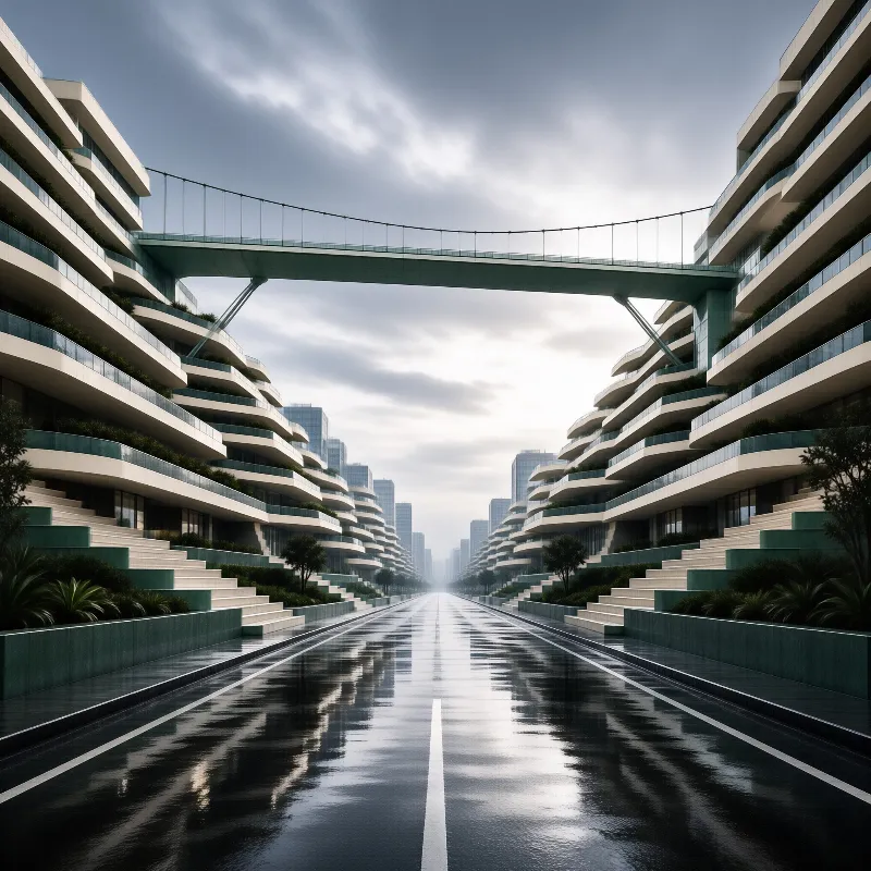 Terraced apartment blocks with planted balconies face a wet empty avenue beneath a glass sky bridge under soft gray light.
