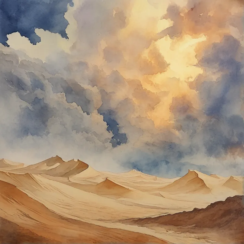 Soft watercolor rendered wind carved desert sand dunes stretch below a sky with golden sun light breaking through heavy blue grey clouds.