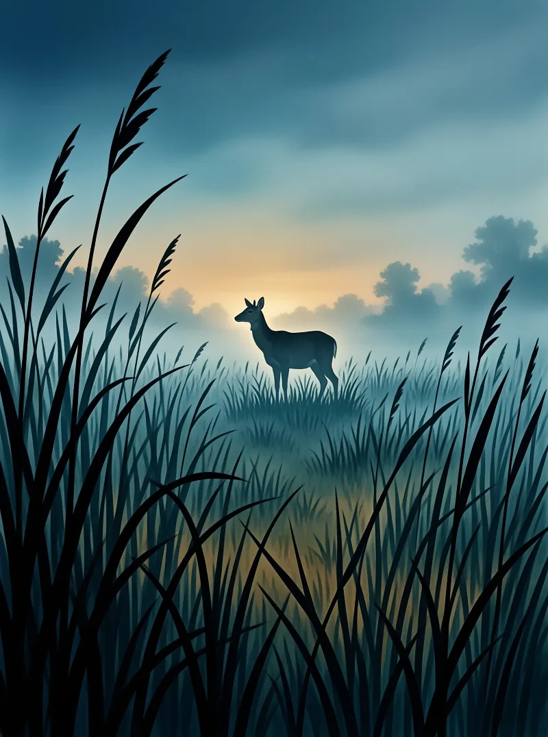 A dark deer stands in profile on a grassy hill under a cloudy twilight sky with soft light.