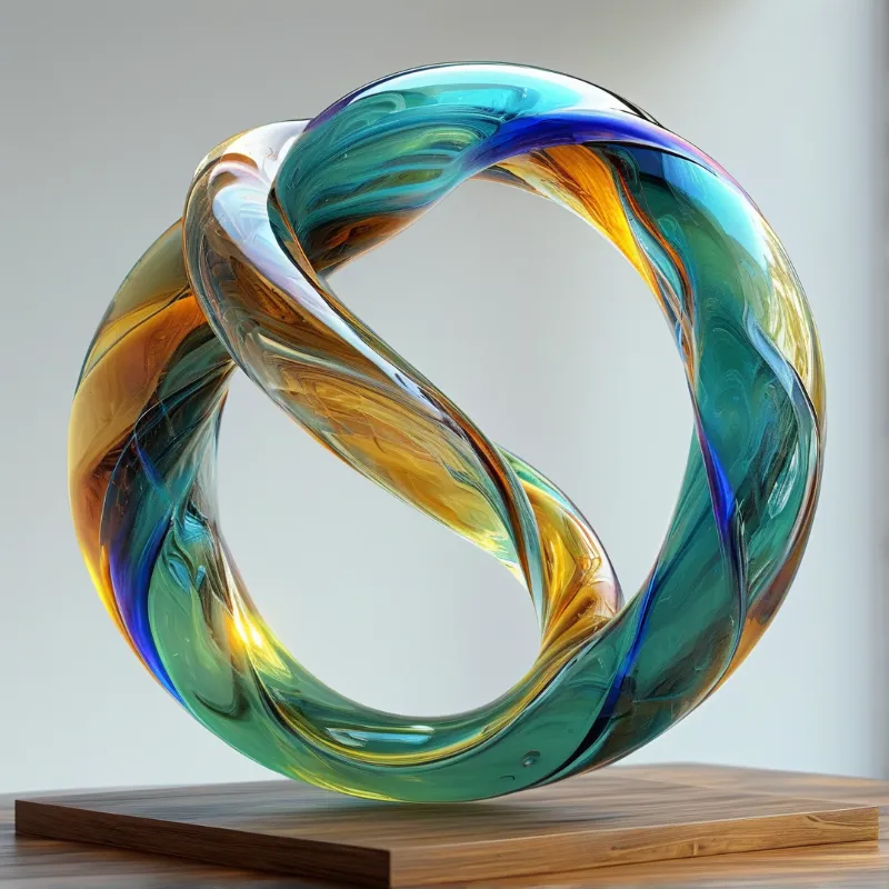 A translucent glass sculpture twists into an endless loop of teal amber and blue hues atop a pale wood base