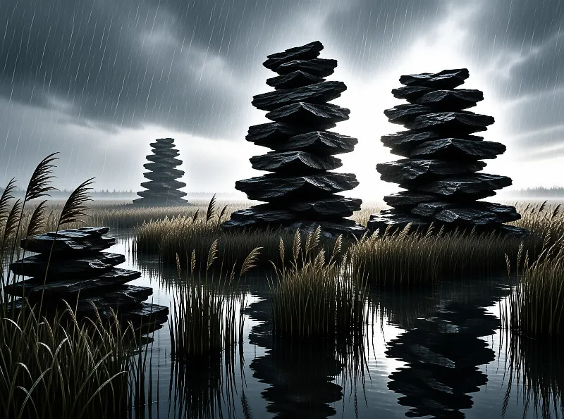 Dark balanced stone stacks rise from a wet marshland filled with tall reeds under a heavy rainy sky.