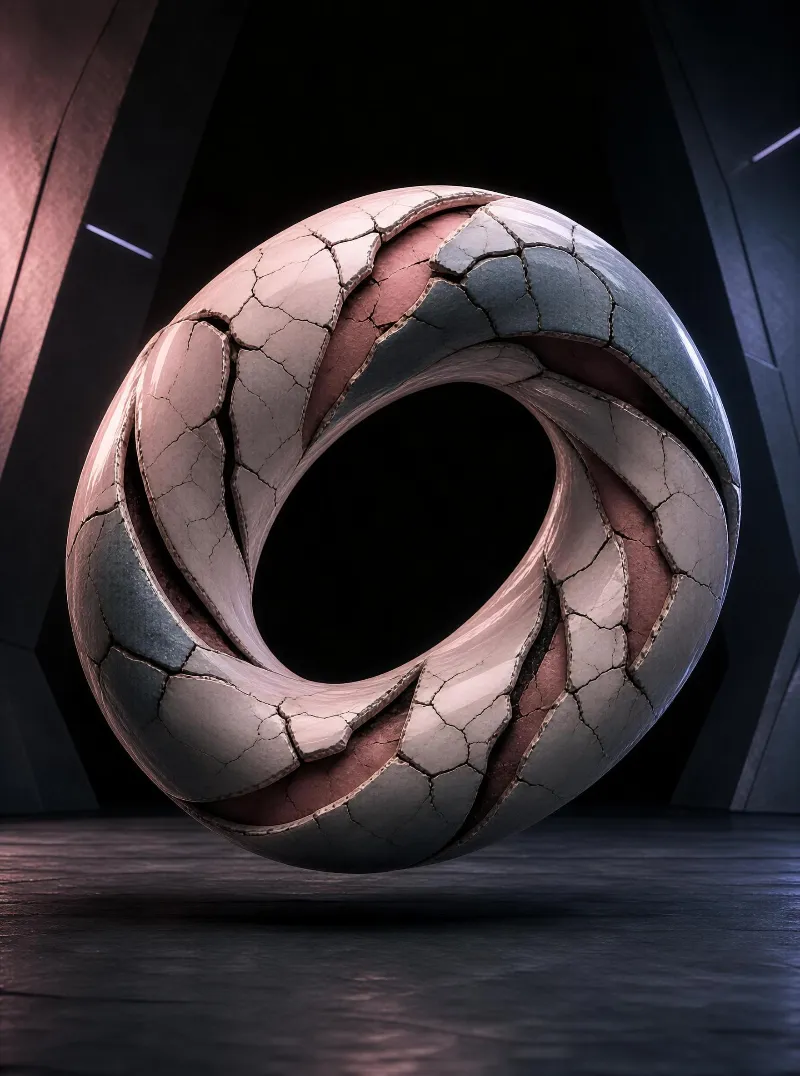 A twisted, cracked spherical torus floats in a dark, futuristic room with soft lighting and subtle reflections on its broken surface.