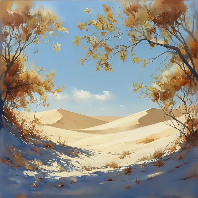 A painterly view of rolling desert dunes seen through autumnal branches casting shadows on the sand under a blue sky.