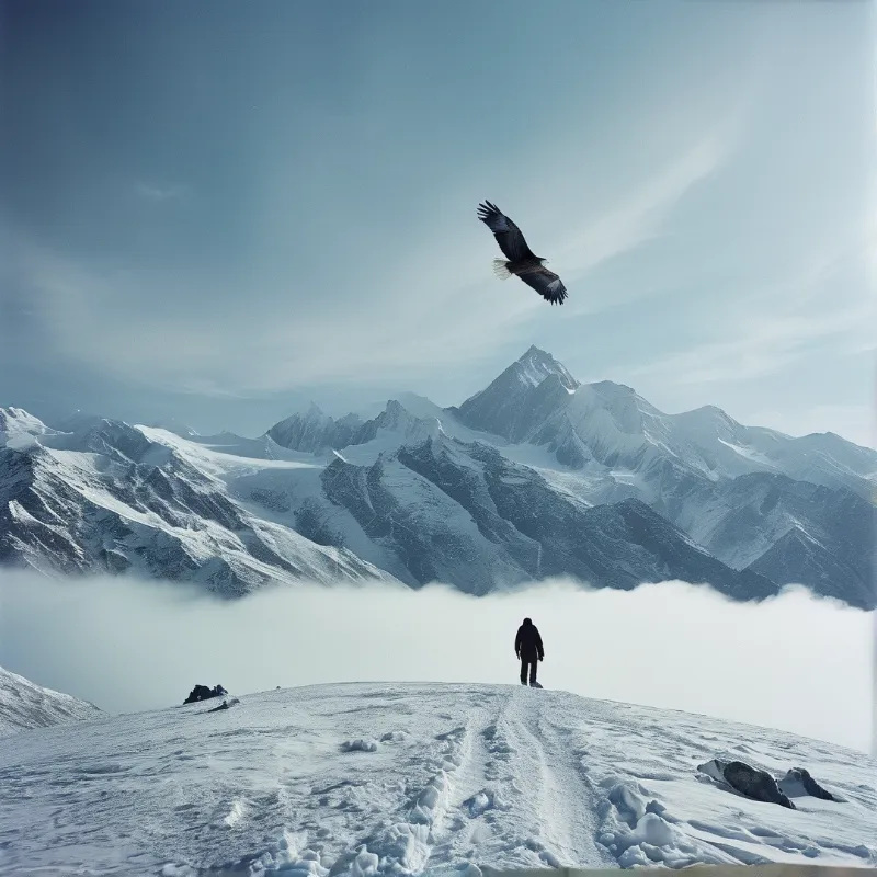 A solitary figure stands on a snow-covered ridge while a large bird flies above distant blue peaks.