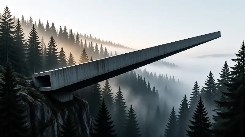 A grey architectural beam extends from a rocky cliff face into a foggy valley filled with tall evergreen trees.