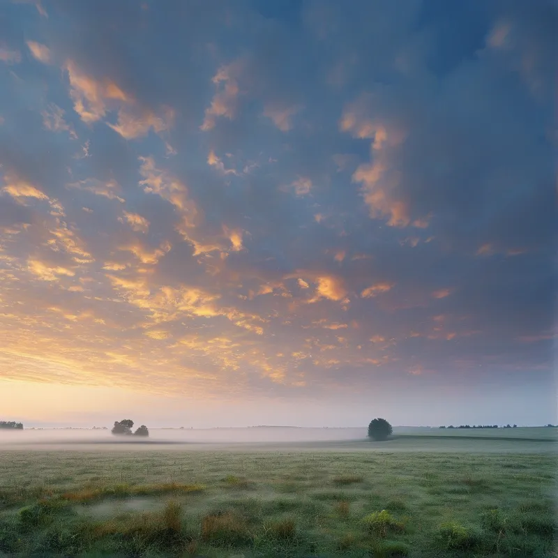 A vast green meadow covered in thick fog under a sky filled with orange and blue clouds during sunrise.