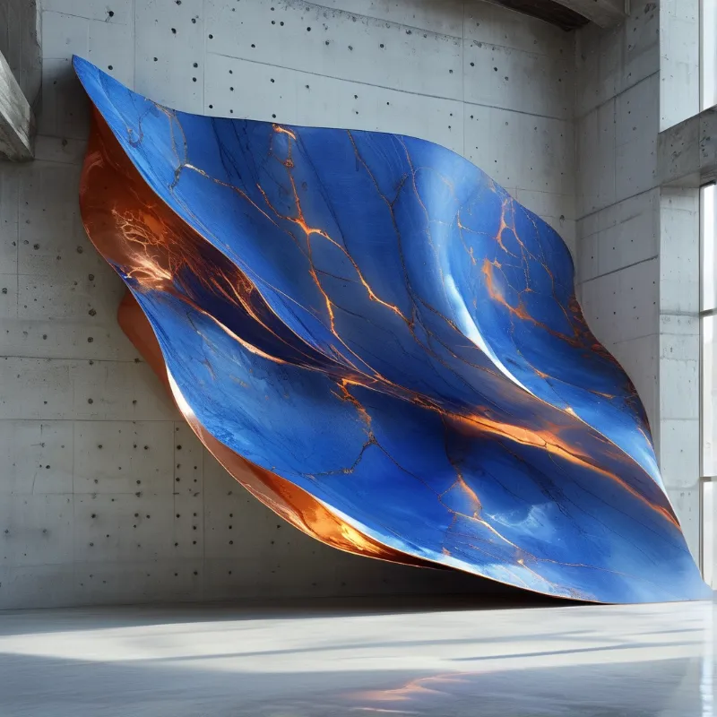 A large blue sculpture with copper-like veins rests on a reflective floor inside a minimalist concrete gallery.