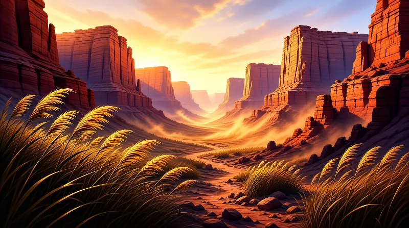 Tall red rock formations line a winding desert path under a glowing golden sky at sunset.