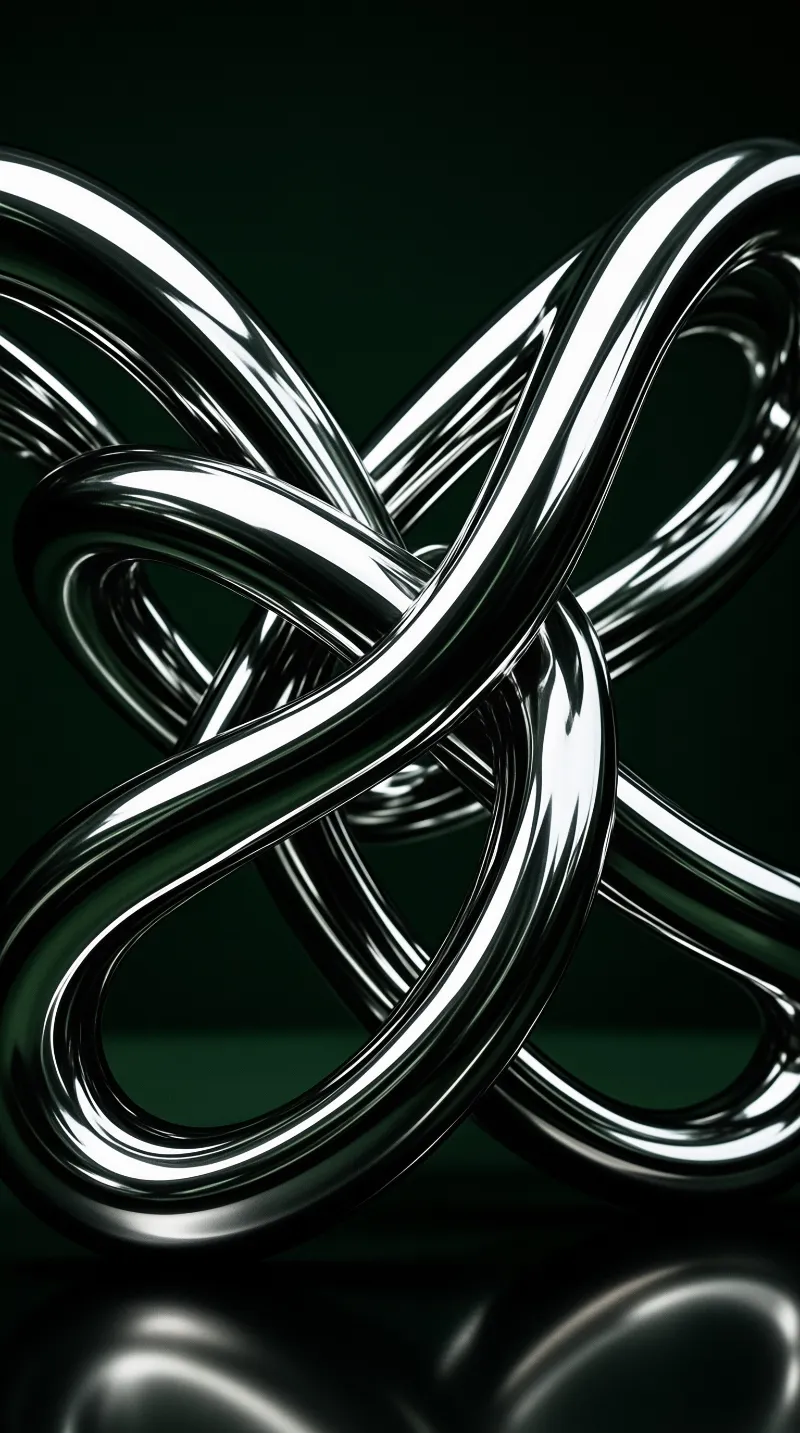Polished silver loops twist and interlock above a dark floor in soft green ambient light
