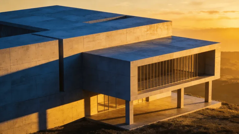 Pavilion with Brutalist Massing — Golden Sunset