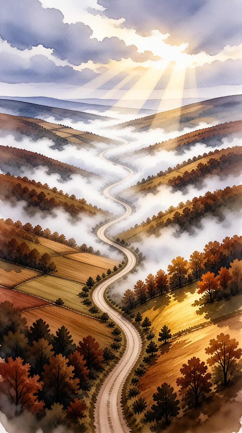 A white curving road snakes through a foggy valley filled with orange trees while golden sunbeams shine down from above illuminating the misty landscape.