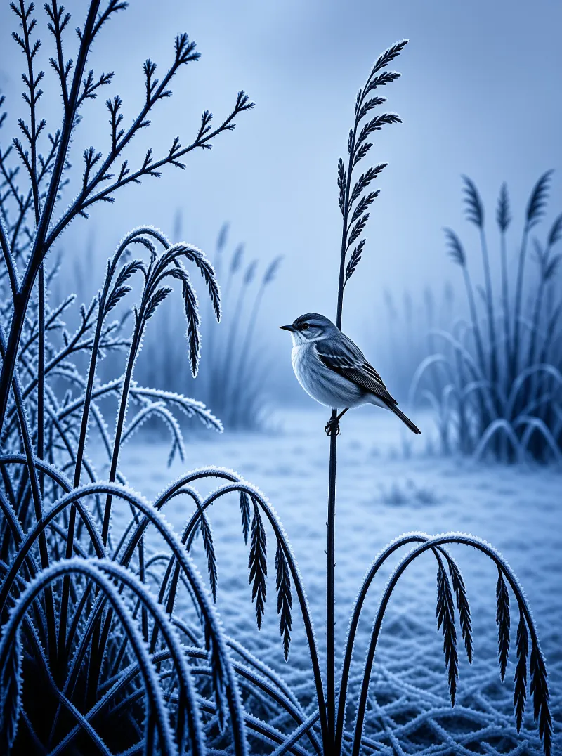 A small bird perches on a tall frosty stalk amidst a field of icy grass under a blue misty sky.