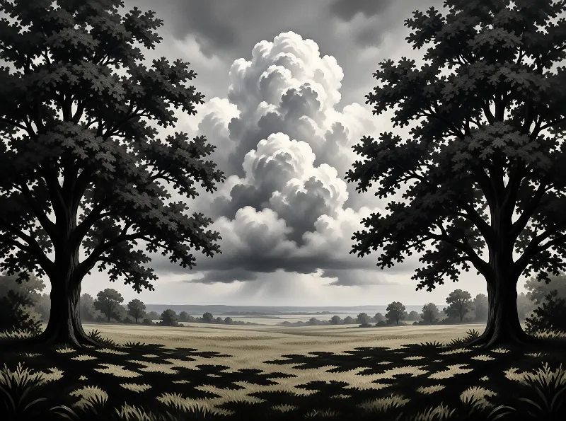 Two large trees frame a wide open field with sunlight breaking through a massive cloud formation.