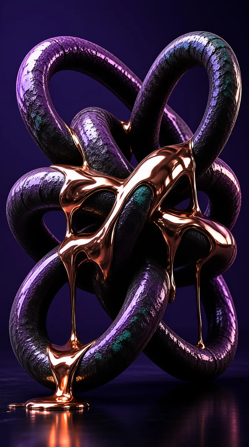 Dark intertwining tubes wrapped in molten copper liquid set against a deep violet environment.
